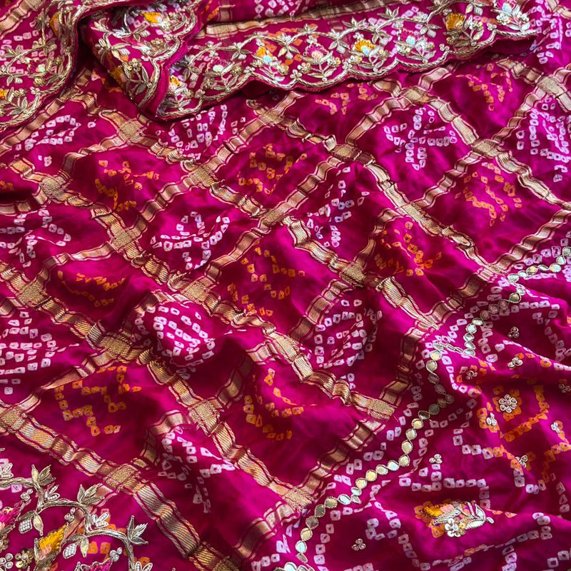 Pure Gajji Silk Handmade Bandhani Saree with Zardozi, Gotapatti & Pearl Detailing