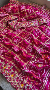 Pure Gajji Silk Handmade Bandhani Saree with Zardozi, Gotapatti & Pearl Detailing