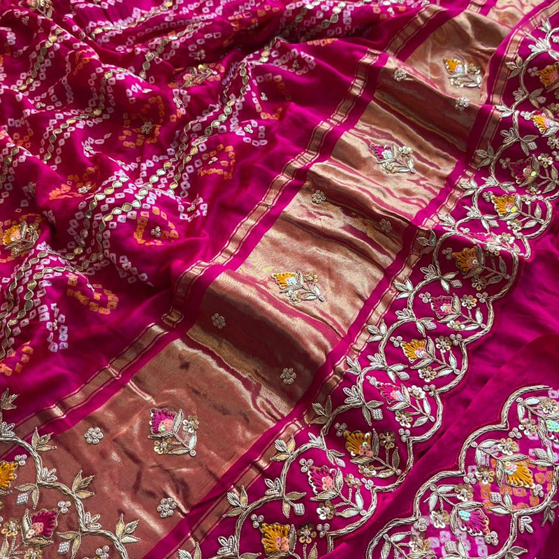Pure Gajji Silk Handmade Bandhani Saree with Zardozi, Gotapatti & Pearl Detailing