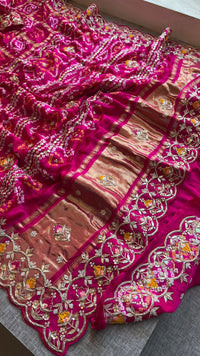 Pure Gajji Silk Handmade Bandhani Saree with Zardozi, Gotapatti & Pearl Detailing
