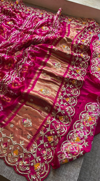 Pure Gajji Silk Handmade Bandhani Saree with Zardozi, Gotapatti & Pearl Detailing
