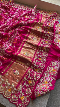 Pure Gajji Silk Handmade Bandhani Saree with Zardozi, Gotapatti & Pearl Detailing