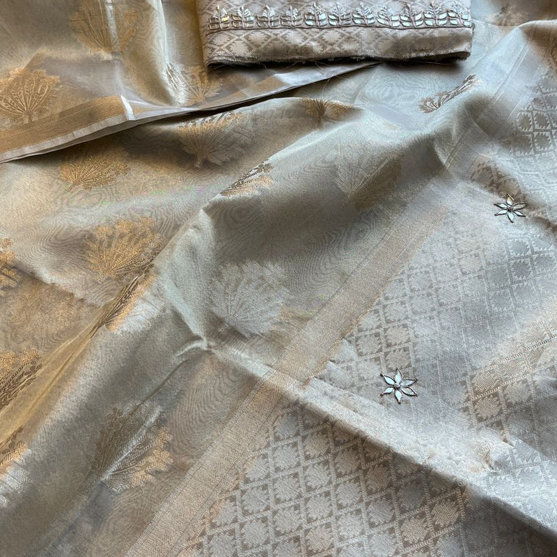 Pure Soft Tissue Handloom Banarasi Saree with Zardozi, Gotapatti & Pearl Work
