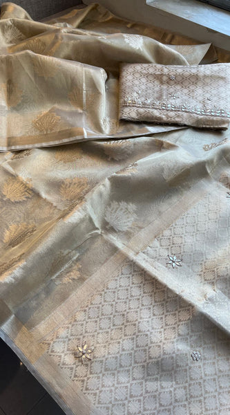 Pure Soft Tissue Handloom Banarasi Saree with Zardozi, Gotapatti & Pearl Work