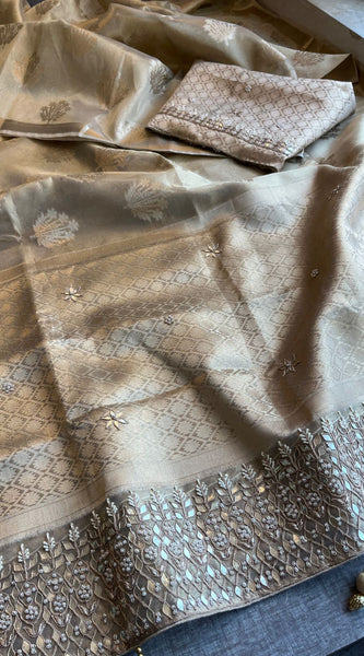 Pure Soft Tissue Handloom Banarasi Saree with Zardozi, Gotapatti & Pearl Work