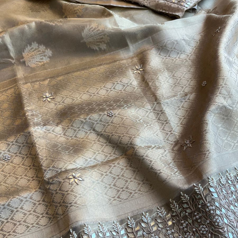 Pure Soft Tissue Handloom Banarasi Saree with Zardozi, Gotapatti & Pearl Work