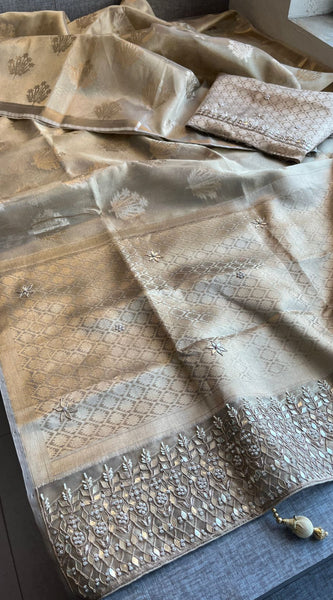 Pure Soft Tissue Handloom Banarasi Saree with Zardozi, Gotapatti & Pearl Work
