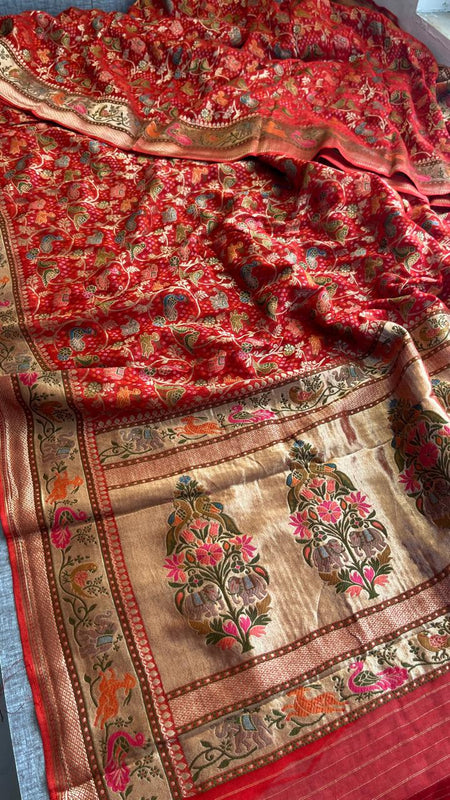 Pure Heavy Khaddi Georgette Banarasi Saree with Bandhani & Meena Weaving
