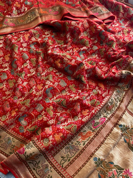Pure Heavy Khaddi Georgette Banarasi Saree with Bandhani & Meena Weaving