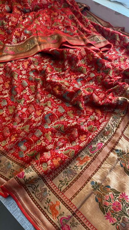 Pure Heavy Khaddi Georgette Banarasi Saree with Bandhani & Meena Weaving