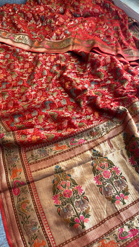 Pure Heavy Khaddi Georgette Banarasi Saree with Bandhani & Meena Weaving