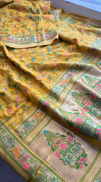Pure Heavy Khaddi Georgette Banarasi Saree with Bandhani & Meena Weaving