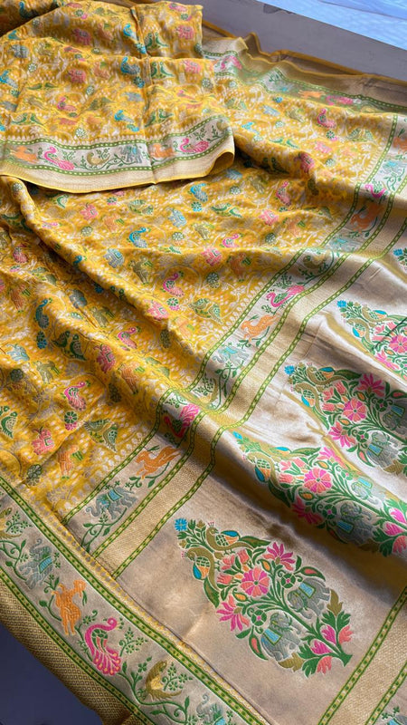 Pure Heavy Khaddi Georgette Banarasi Saree with Bandhani & Meena Weaving