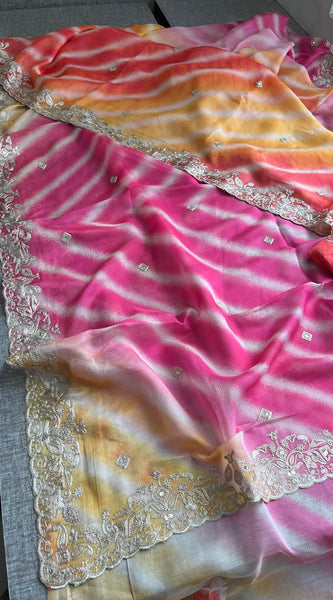 Chinon Crepe Leheriya Saree with Pittan & Sequins Work