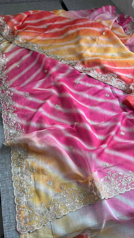 Chinon Crepe Leheriya Saree with Pittan & Sequins Work