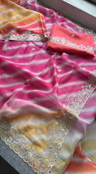 Chinon Crepe Leheriya Saree with Pittan & Sequins Work