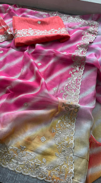 Chinon Crepe Leheriya Saree with Pittan & Sequins Work