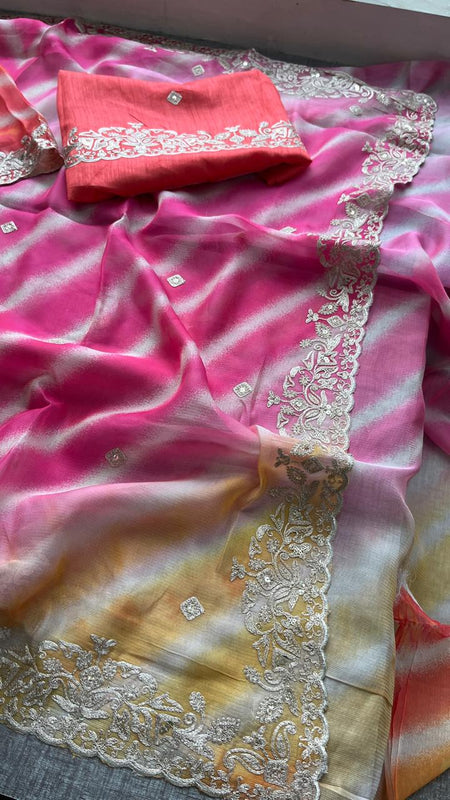 Chinon Crepe Leheriya Saree with Pittan & Sequins Work
