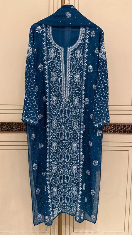 Exquisite Mul Chanderi Kurta Dupatta Set with Pearl & Sequin Detailing