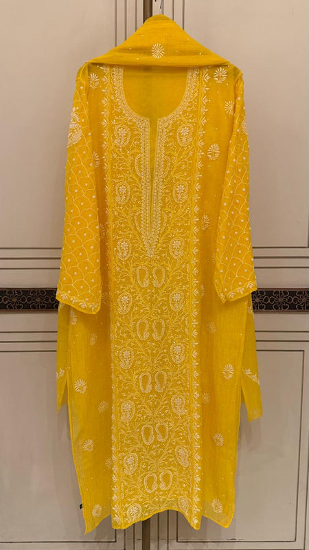 Exquisite Mul Chanderi Kurta Dupatta Set with Pearl & Sequin Detailing