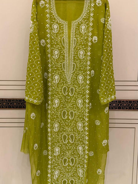 Exquisite Mul Chanderi Kurta Dupatta Set with Pearl & Sequin Detailing