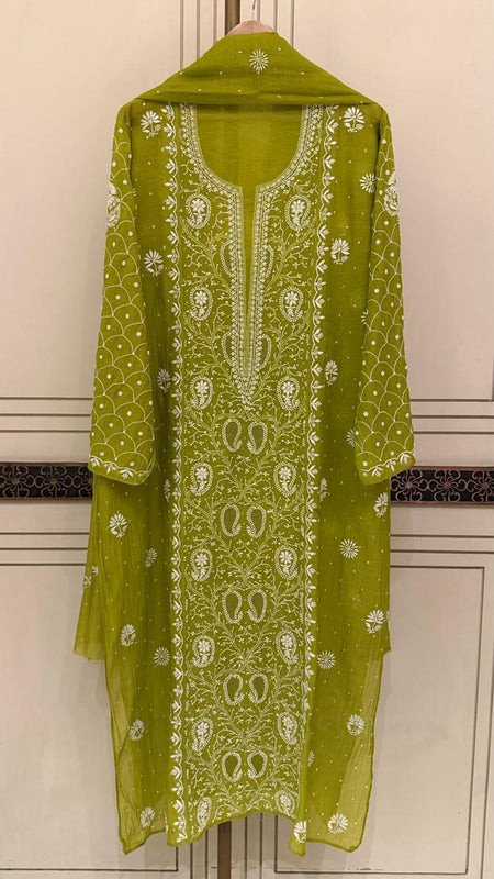 Exquisite Mul Chanderi Kurta Dupatta Set with Pearl & Sequin Detailing