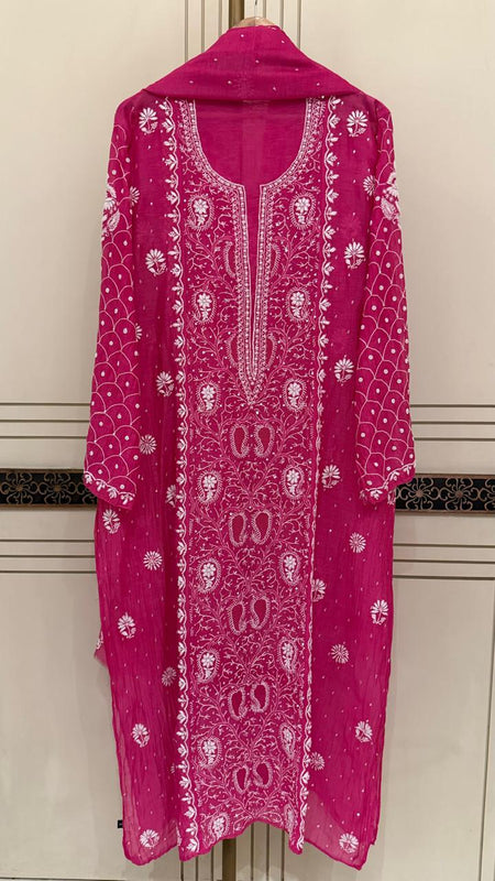 Exquisite Mul Chanderi Kurta Dupatta Set with Pearl & Sequin Detailing