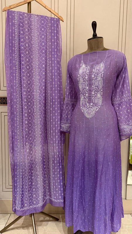 Pure Mul Chanderi Anarkali Kurta Dupatta Set with Pearl & Katdana Embellishments