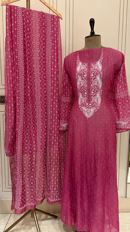 Pure Mul Chanderi Anarkali Kurta Dupatta Set with Pearl & Katdana Embellishments