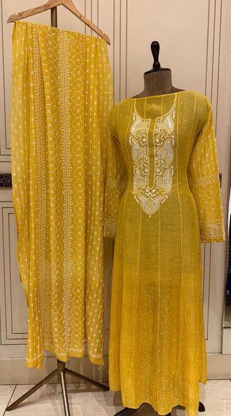 Pure Mul Chanderi Anarkali Kurta Dupatta Set with Pearl & Katdana Embellishments