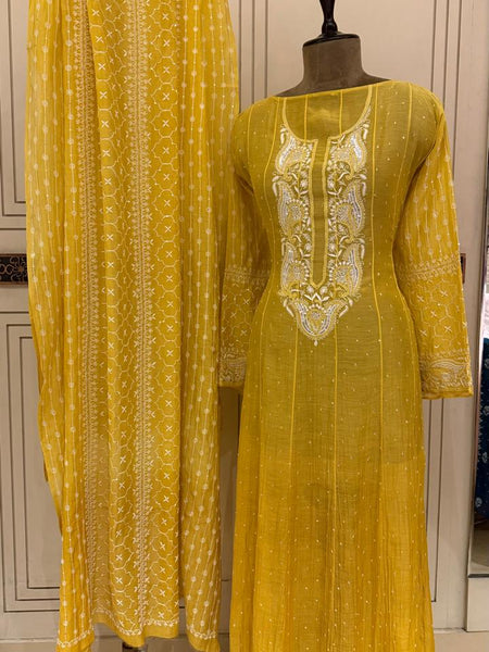 Pure Mul Chanderi Anarkali Kurta Dupatta Set with Pearl & Katdana Embellishments