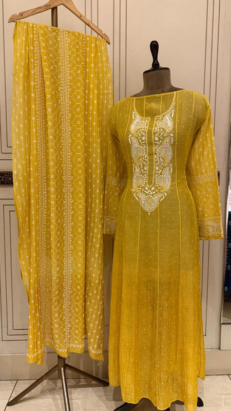 Pure Mul Chanderi Anarkali Kurta Dupatta Set with Pearl & Katdana Embellishments