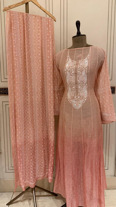 Pure Mul Chanderi Anarkali Kurta Dupatta Set with Pearl & Katdana Embellishments