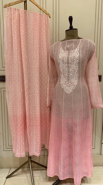 Pure Mul Chanderi Anarkali Kurta Dupatta Set with Pearl & Katdana Embellishments