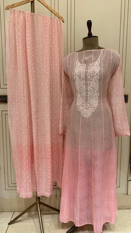 Pure Mul Chanderi Anarkali Kurta Dupatta Set with Pearl & Katdana Embellishments