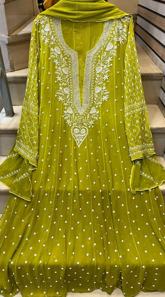 Pure Chiffon Anarkali Kurta Dupatta Set with Pearl & Katdana Embellishments
