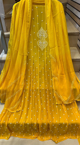 Pure Chiffon Anarkali Kurta Dupatta Set with Pearl & Katdana Embellishments