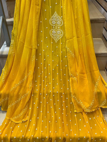 Pure Chiffon Anarkali Kurta Dupatta Set with Pearl & Katdana Embellishments