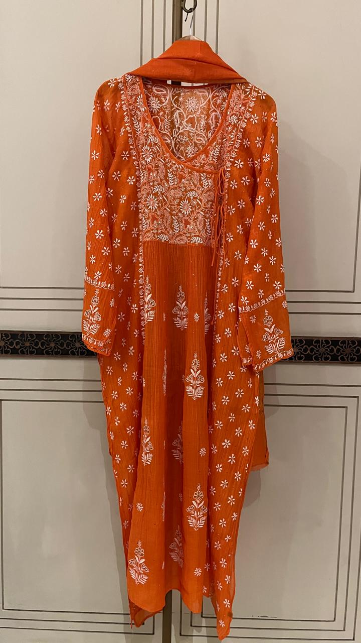 Mul Chanderi Angrakha Kurta Dupatta Set with Elegant Mukaish Work