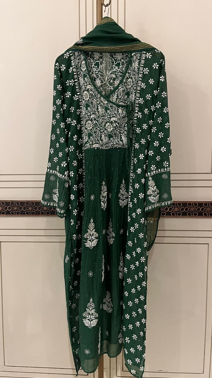 Mul Chanderi Angrakha Kurta Dupatta Set with Elegant Mukaish Work