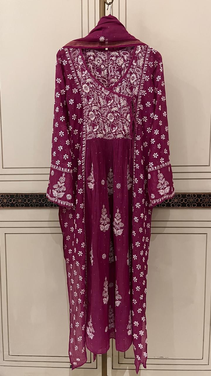 Mul Chanderi Angrakha Kurta Dupatta Set with Elegant Mukaish Work