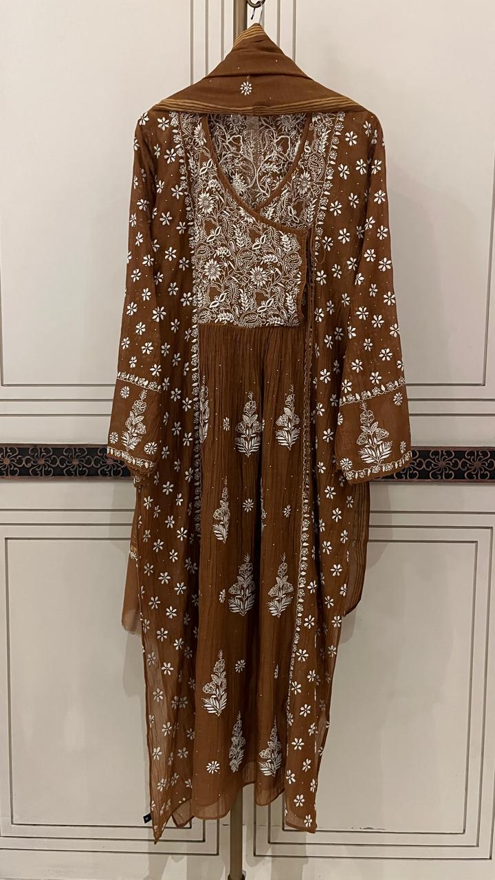 Mul Chanderi Angrakha Kurta Dupatta Set with Elegant Mukaish Work