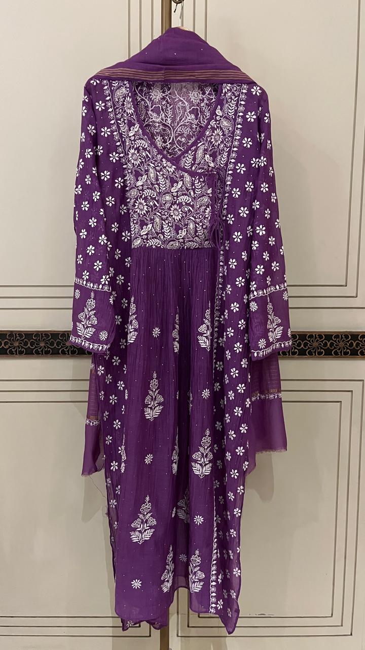 Mul Chanderi Angrakha Kurta Dupatta Set with Elegant Mukaish Work