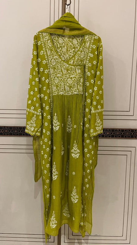 Mul Chanderi Angrakha Kurta Dupatta Set with Elegant Mukaish Work
