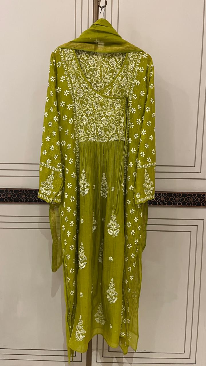 Mul Chanderi Angrakha Kurta Dupatta Set with Elegant Mukaish Work