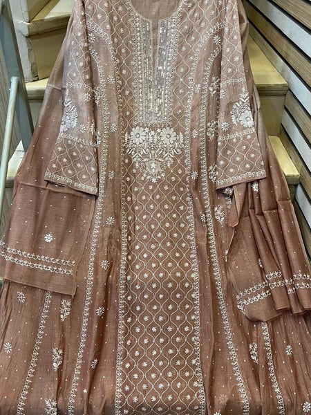 Mul Chanderi Anarkali Kurta Dupatta Set with Exquisite Pearl & Katdana Embellishments