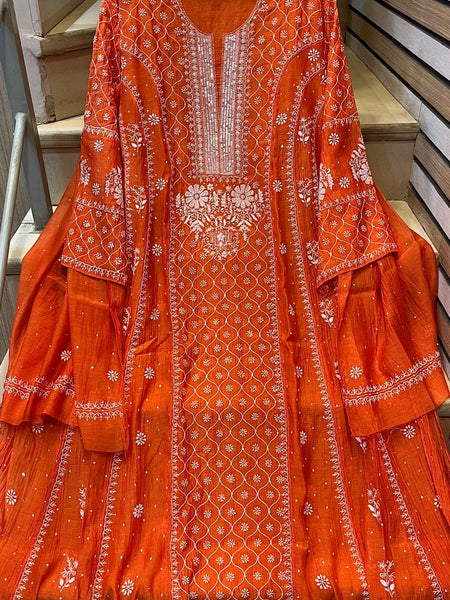 Mul Chanderi Anarkali Kurta Dupatta Set with Exquisite Pearl & Katdana Embellishments