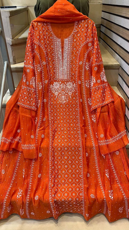 Mul Chanderi Anarkali Kurta Dupatta Set with Exquisite Pearl & Katdana Embellishments