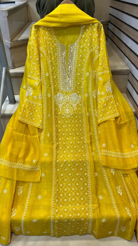Mul Chanderi Anarkali Kurta Dupatta Set with Exquisite Pearl & Katdana Embellishments