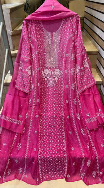Mul Chanderi Anarkali Kurta Dupatta Set with Exquisite Pearl & Katdana Embellishments